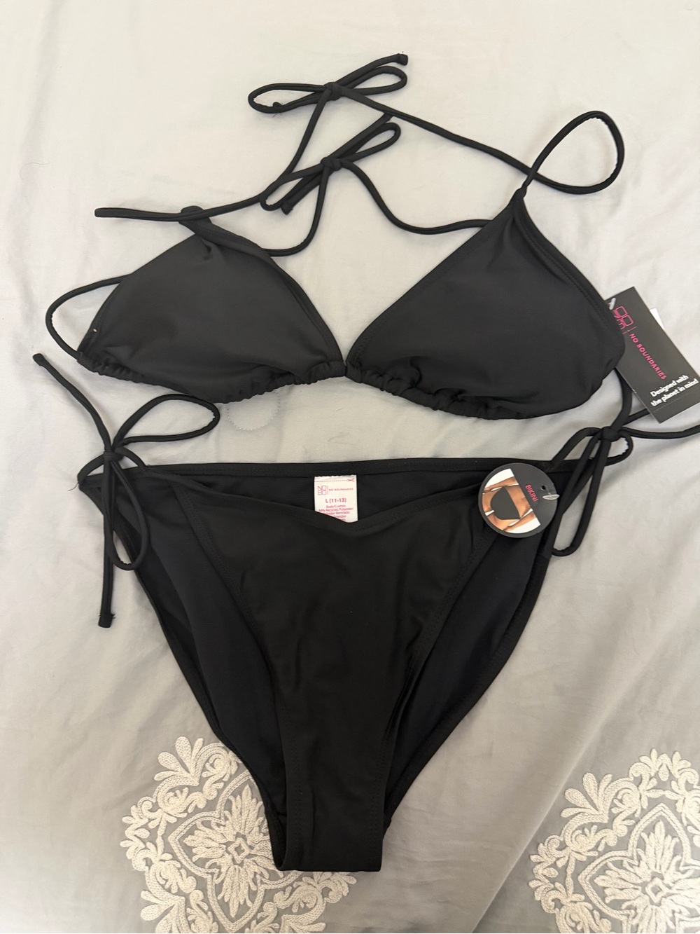 No Boundaries Black Triangle Tie Bikini Set